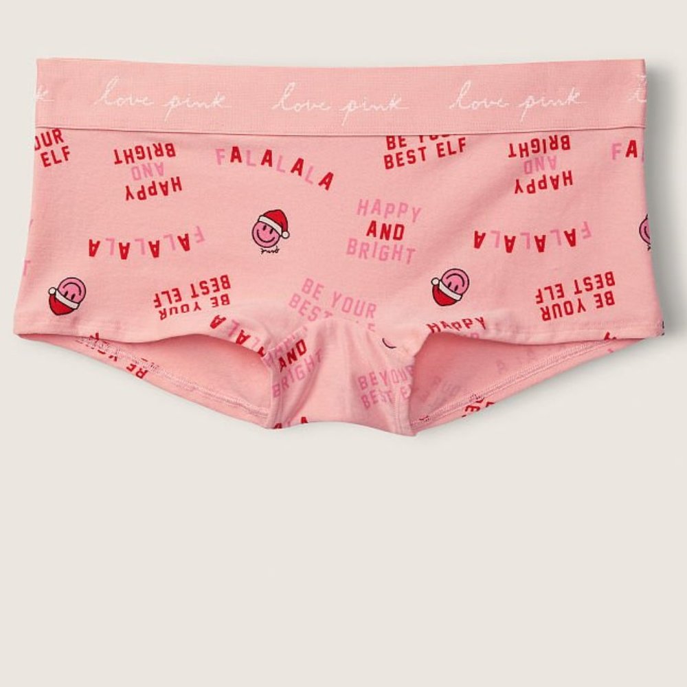 🎅VS PINK Christmas LOGO Boyshort Pink with Happy Face Santa X-Mas Cute NWT